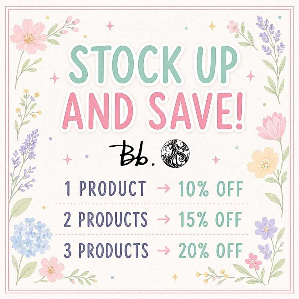 Stock up offer: 1 item 10% off, 2 items 15% off, 3 items 20% off. Floral border design.