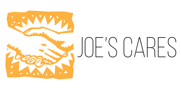 Handshake logo with text "Joe's Cares" featuring stylized yellow graphic design.