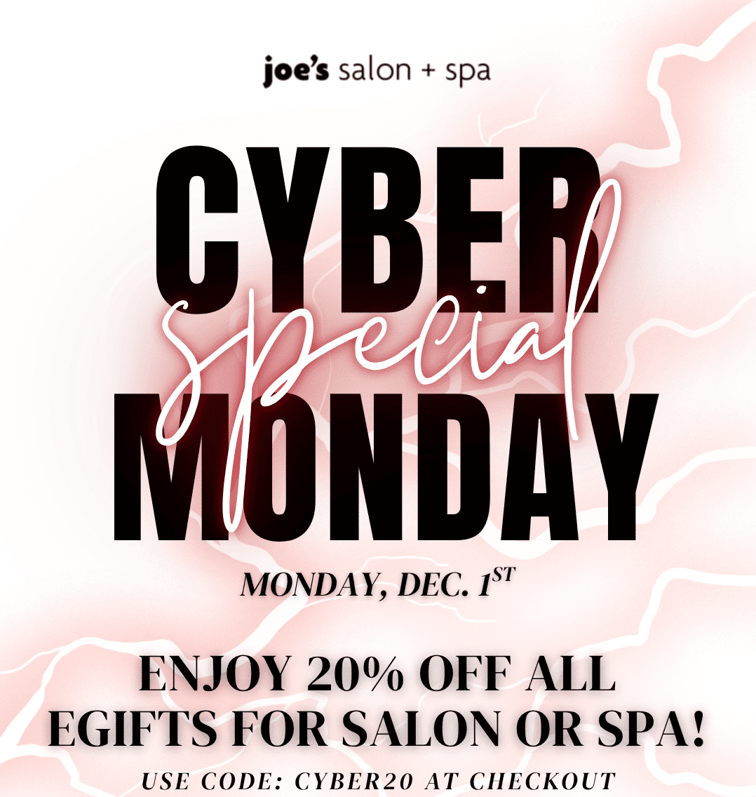 Cyber Monday deal: 20% off e-gifts for salon or spa, use code CYBER20 by Dec 1st.