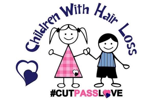 Cartoon kids holding hands, "Children With Hair Loss" logo, heart symbols. #CUTPASSLOVE.