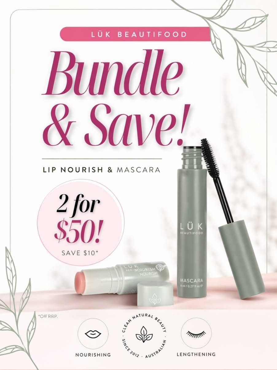 Lip Nourish and Mascara bundle offer: 2 for $50, includes nourishing and lengthening benefits.