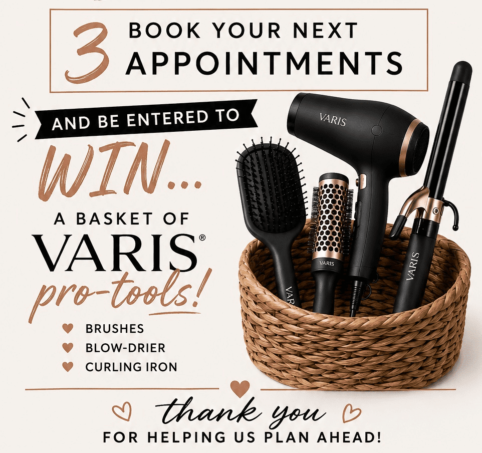 Basket with VARIS hair tools: brushes, blow-drier, curling iron. Entry with three appointments.