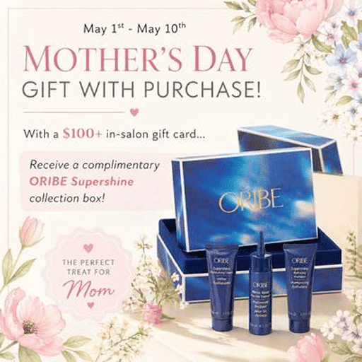 Mother's Day Oribe gift set offer with a $100+ salon gift card, floral background.